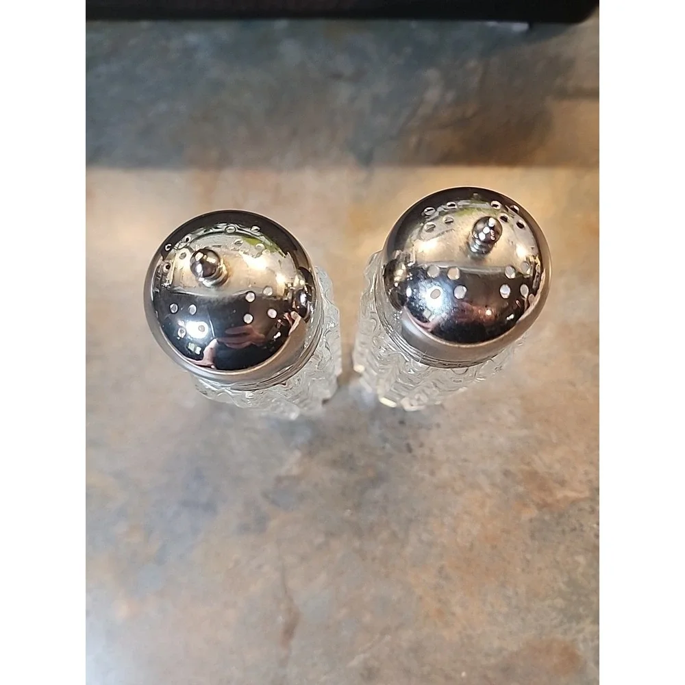 Vtge Tall Shakers Set Press Glass Metal Caps Square Rectangle Design